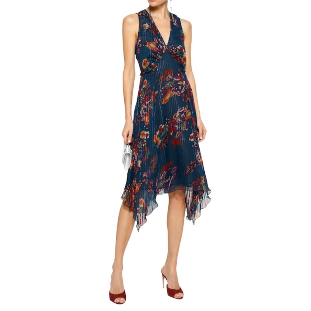 WALTER BAKER Teri Metallic Stripe Pleated Blue Floral Georgette Dress NEW Size 8
